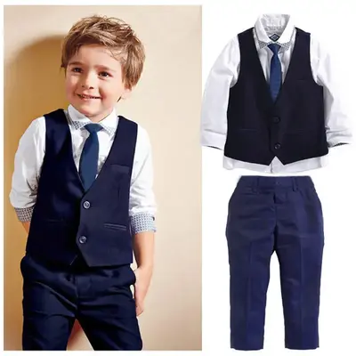 1-7Y Baby Boys Gentleman Suits, Kids Tuxedo Waistcoat + Tie + Shirt + Pants Outfits, Long Sleeve Tops Trousers Sets Cloth