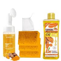 Turmeric Wash and Care Three Piece Set - Includes Turmeric Massage Oil Cleansing Mousse & Soap for Facial & Body Cleansing Sk...