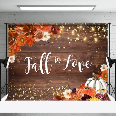 Light Floral Fall In Love Wooden Wedding Backdrop