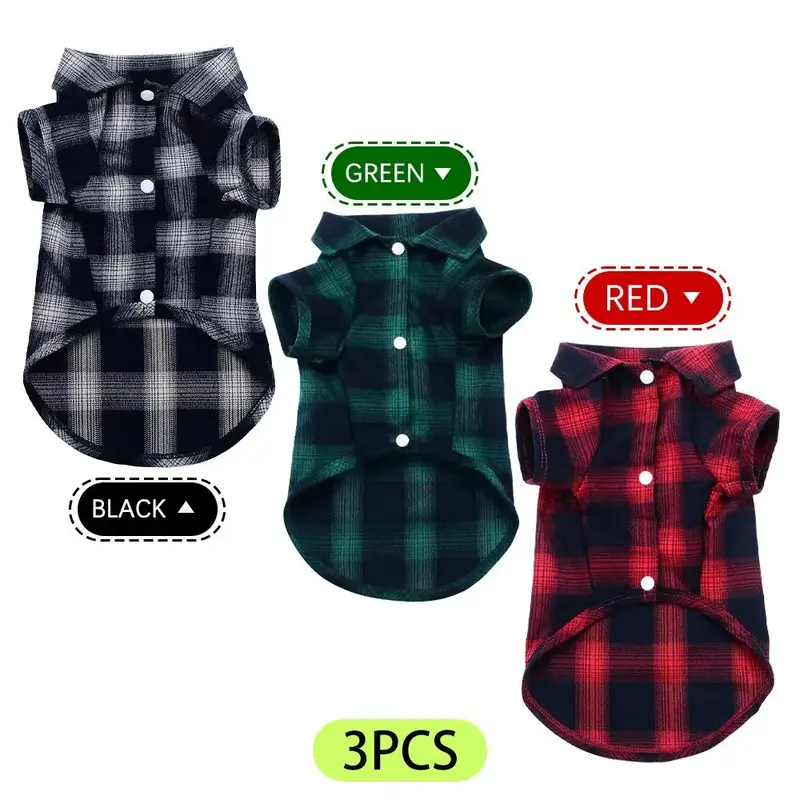 Plaid Print Pet Shirt, 3 Counts/set Fashionable Pet Clothes, Trendy Dog Clothes, Dog Outfit, Cute Dog Shirt, Pet Clothing for...