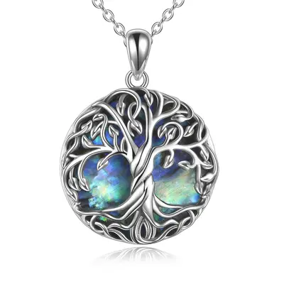 Sterling Silver Circular Shaped Abalone Shellfish Celtic Tree Of Life Pendant Necklace