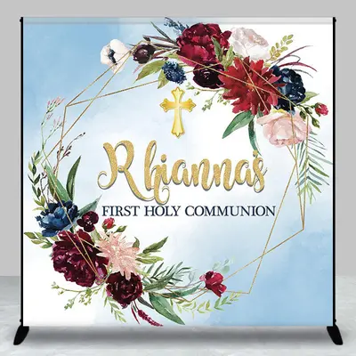 Blue Flower Wreath Custom First Holy Communion Backdrop - Aperturee
