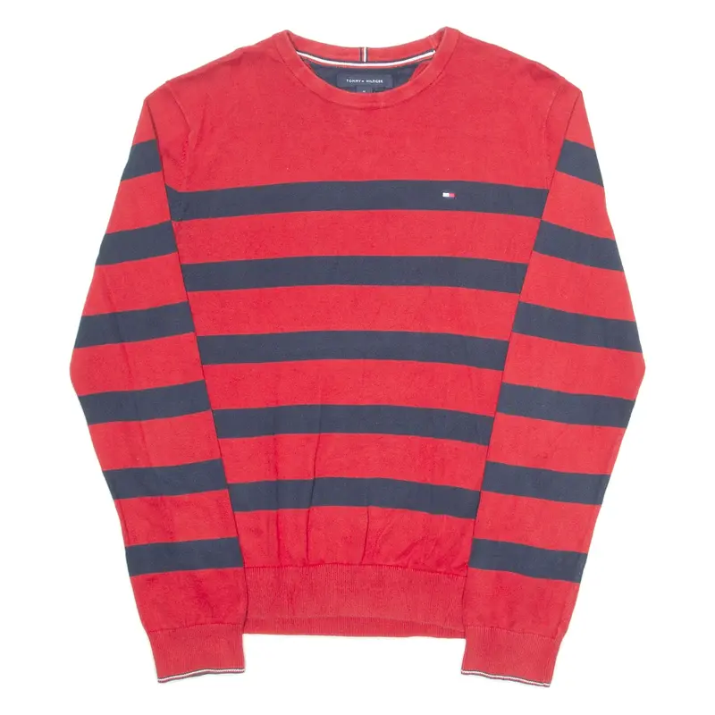 TOMMY HILFIGER Mens Patterned Jumper Red Striped Tight Knit M