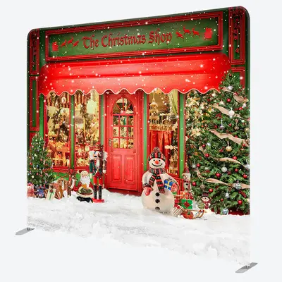 Aperturee Snowy Winter Red Christmas Shop Pillow Case Backdrop - Aperturee
