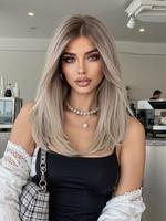 16 Inch Long Straight Blonde Colored Wig for Women, Gorgeous Fluffy Wigs with Curtain Bangs, Synthetic Full Machine Wigs for ...