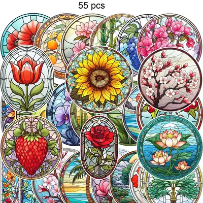 Floral Pattern Stickers, 55pcs/set Waterproof Self-adhesive Decorative Stickers, Creative Decorative Stickers For DIY Scrapbo...