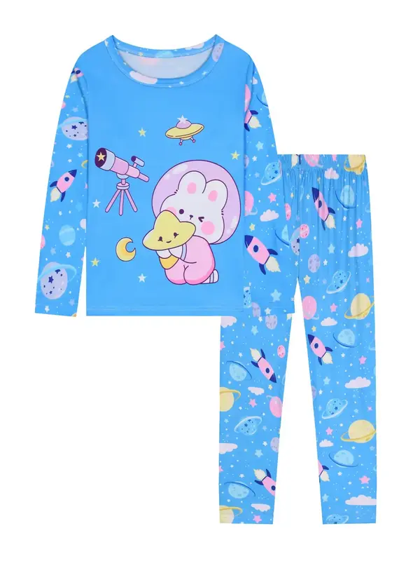Girls' 2-Piece Rabbit Print Pajama Set with Space Theme, Long Sleeve Top and Pants for Autumn Homewear, Cozy Sleepwear for Ch...