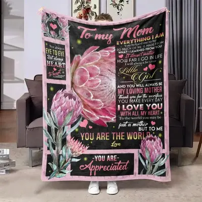 Modern Floral & Letter Print Soft Flannel Blanket, Square Throw, Casual Graphic Durable Blanket, All Season Blanket, Breathab...