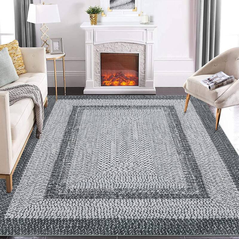 Garvee Bordered Grey 8x10 Boho Braided Rug, Washable Low Pile Polyester Non-Slip Carpet for High Traffic Living Room Bedroom