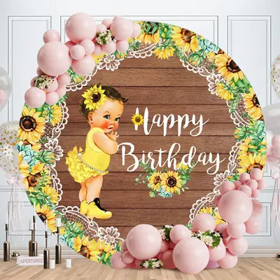 Aperturee Sunflowers Girl Round Brown Wood Birthday Backdrop