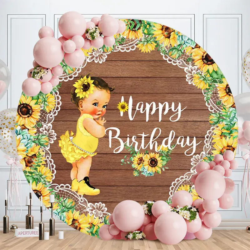 Aperturee Sunflowers Girl Round Brown Wood Birthday Backdrop