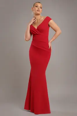 Goddiva Bardot Pleated Maxi Dress - Red