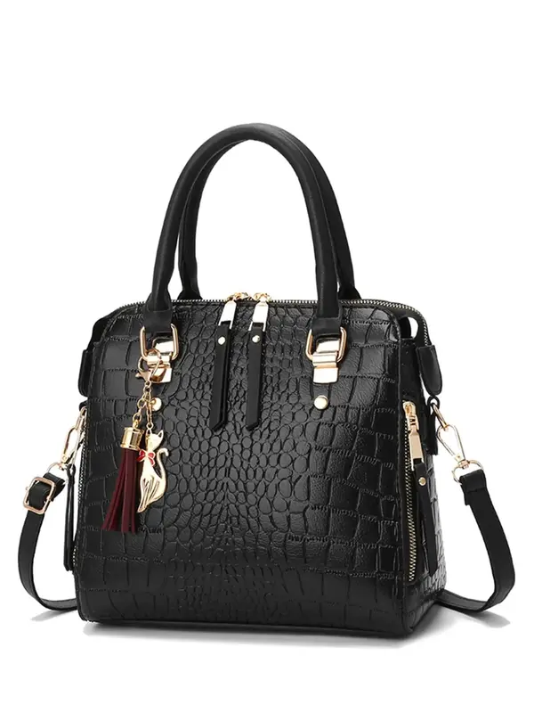 Women's Summer Crocodile Embossed Handbag As Gift, 2025 Trendy Casual Plain Textured Zipper  Crocodile Handbag  with Tassel &...