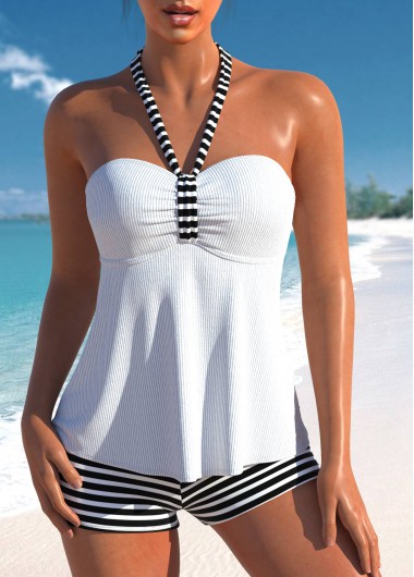 Modlily Drawstring High Waisted Striped White Tankini Set - XL