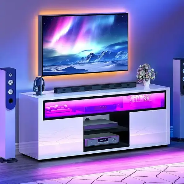 DWVO LED TV Stands for Living Room, TV Stand 55 inch TV, Entertainment Center with Storage, Modern White TV Stand, High Gloss...