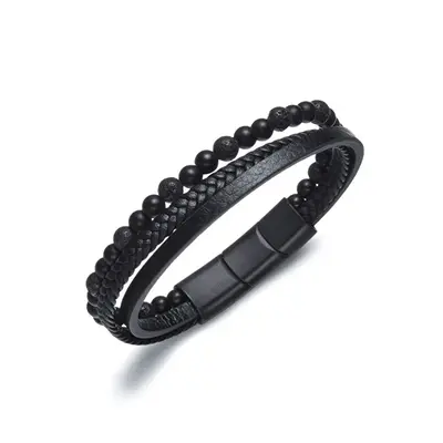 Diverse Men's Black Beaded Leather Bracelet B1G00212