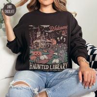 Welcome To The Haunted Library Sweatshirt, Bookish Halloween Shirt, Funny Halloween Librarian T-Shirt, Ghost Reading Book Swe...