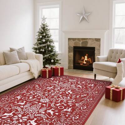 Garvee Traditional Christmas Red 9x12 Heavy Duty Washable Non-Slip & Stain Resistant Rug for Fireplace, Living Room, Entryway...