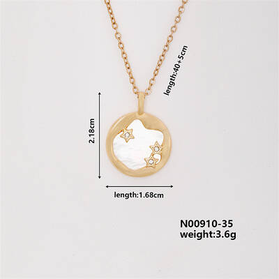 Vintage Brass Rhinestones Flat Round with Star Pendant Necklace for Women
