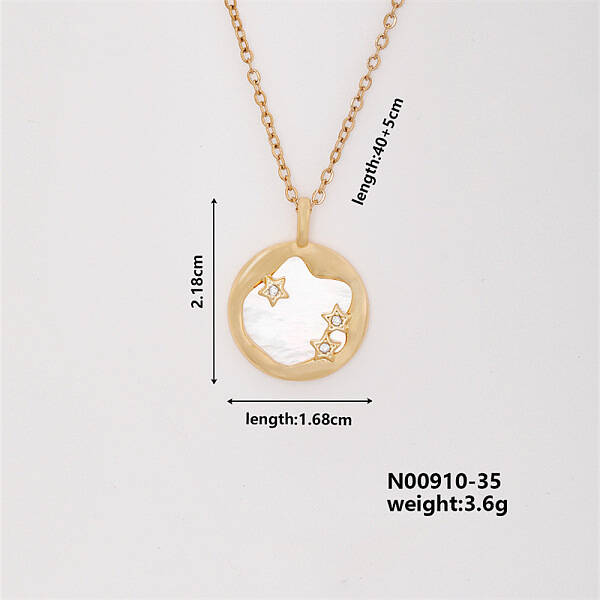 Vintage Brass Rhinestones Flat Round with Star Pendant Necklace for Women