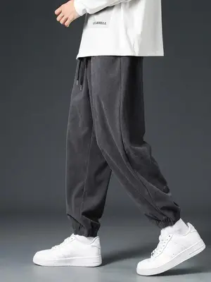 Men's Solid Pocket Drawstring Waist Jogger Pants, Loose Corduroy Trousers for Spring & Fall, Baggy Plain Menswear, Casual Com...