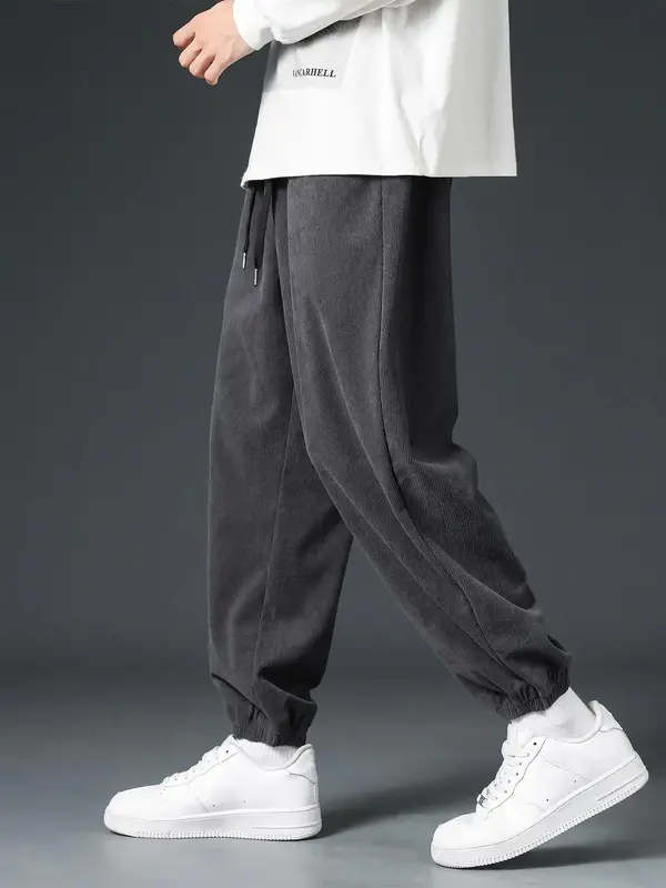 Men's Solid Pocket Drawstring Waist Jogger Pants, Loose Corduroy Trousers for Spring & Fall, Baggy Plain Menswear, Casual Com...