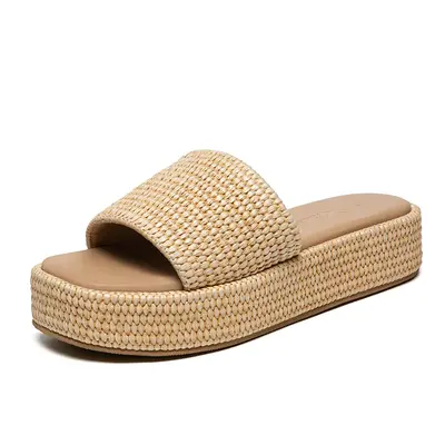 Women's Platform Raffia Sandals Comfortable Open Toe Slip On Beach Slides Sandals for Summer Casual Thick Bottom Slippers Sho...