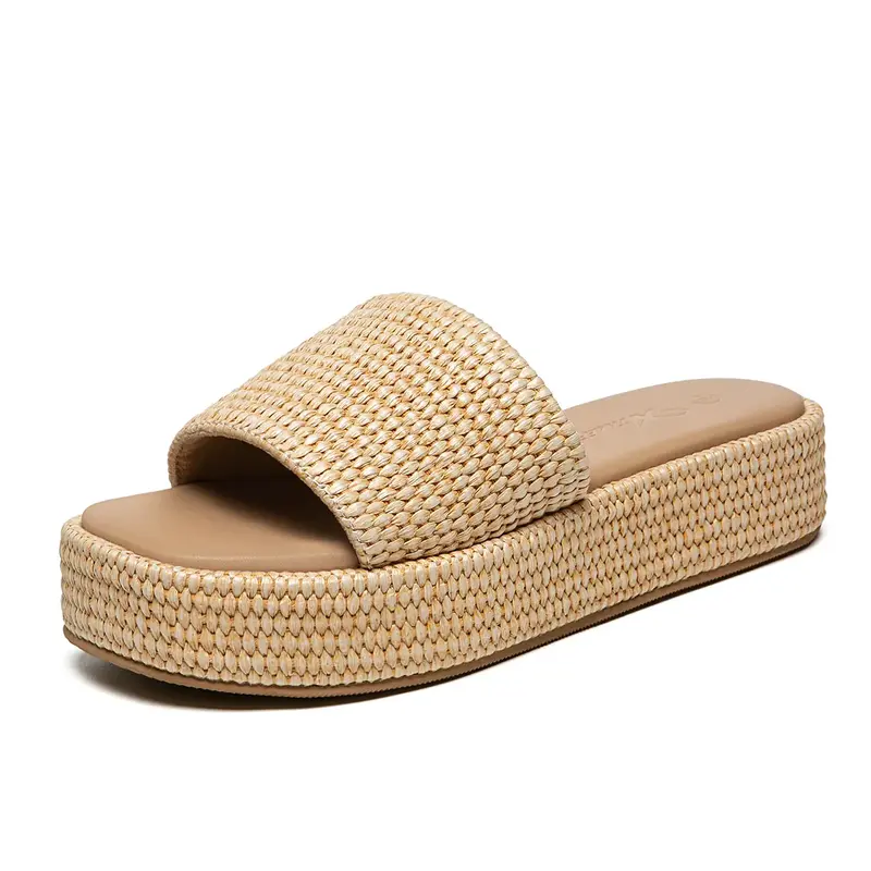 Women's Platform Raffia Sandals Comfortable Open Toe Slip On Beach Slides Sandals for Summer Casual Thick Bottom Slippers Sho...