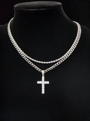 Summer Street Rhinestones Decor Cross Pendant Necklace & Cuban Chain Necklace, 2 Counts Trendy Women's Summer Accessories Fa...