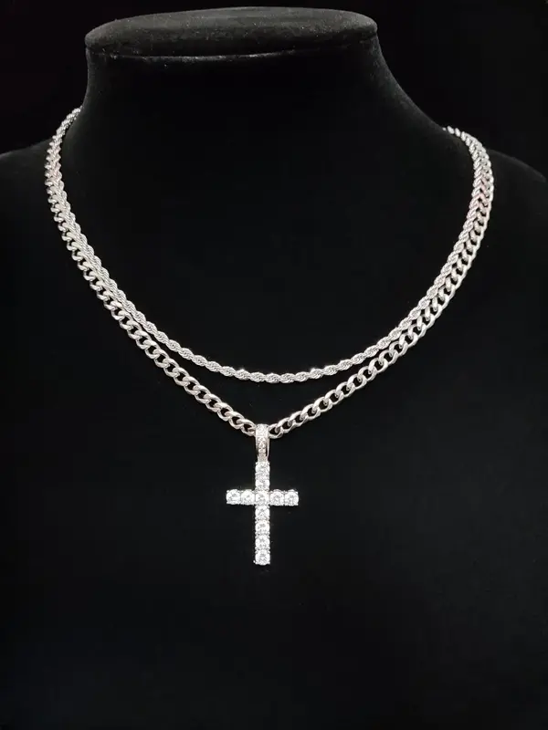 Summer Street Rhinestones Decor Cross Pendant Necklace & Cuban Chain Necklace, 2 Counts Trendy Women's Summer Accessories Fa...