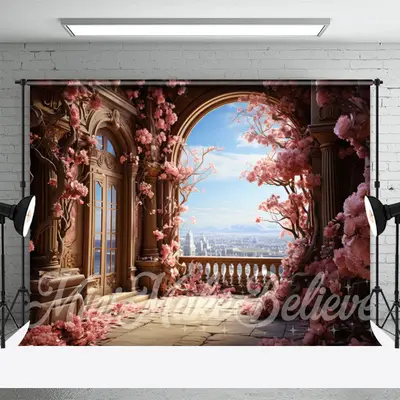Retro Palace Window Pink Floral Tree Flower Backdrop - Aperturee