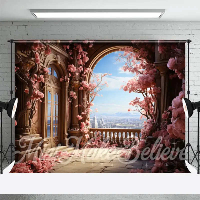 Retro Palace Window Pink Floral Tree Flower Backdrop - Aperturee