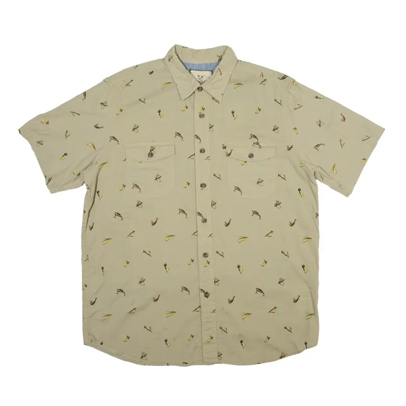 OUTDOOR LIFE Fishing Shirt Green Crazy Pattern Short Sleeve Mens L