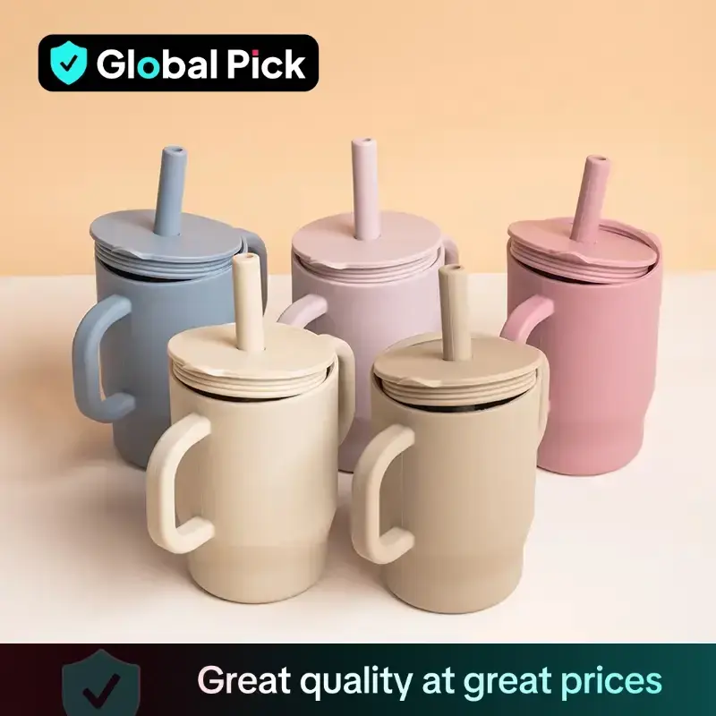 180ml Silicone Water Cup with Lid & Straw, 1 Count Portable Double Handle Water Mug, Drinking Cup for Home Office Outdoor Cam...