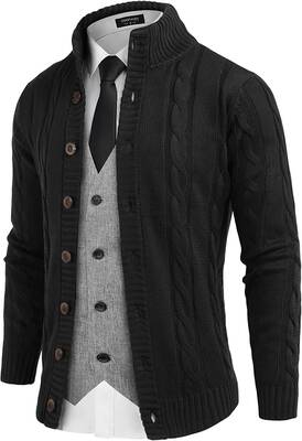 Cardigan Cable Knitted Button Down Sweater (US Only), Black / XXL