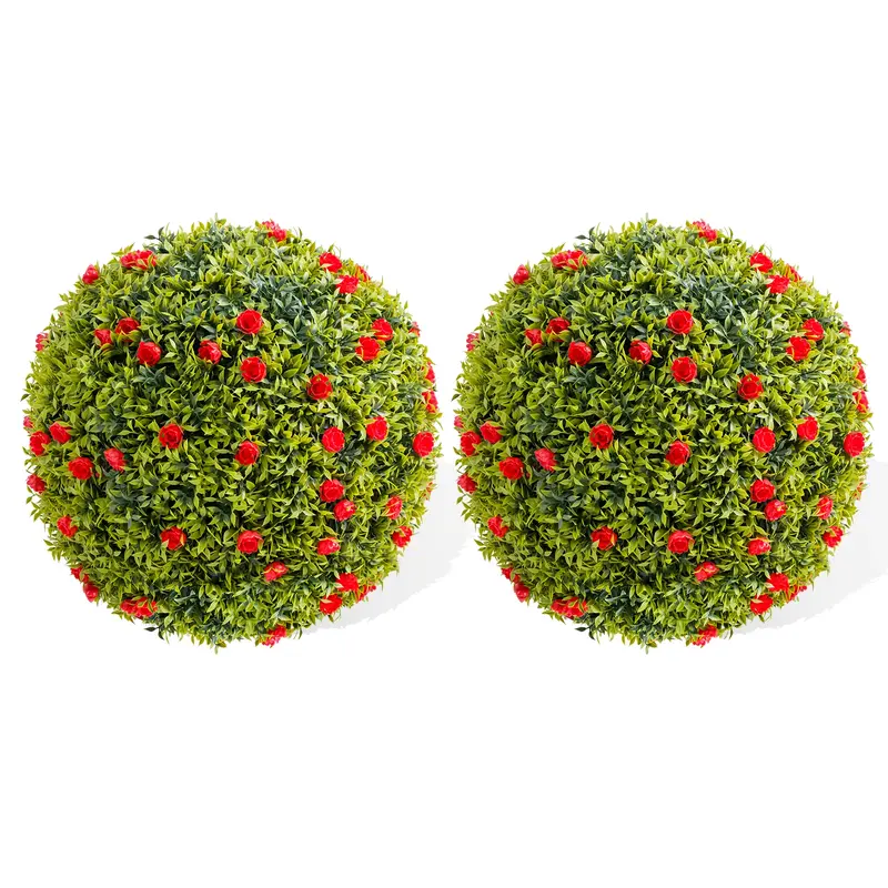 Garvee 16.5 Artificial Plant Topiary Ball Set of 2 with Red Flowers for Indoor Outdoor Porch Balcony Home Decor