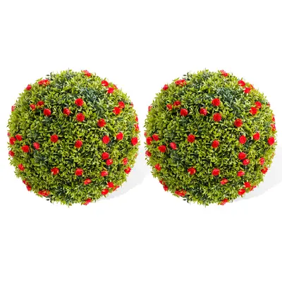 Garvee 16.5 Artificial Plant Topiary Ball Set of 2 with Red Flowers for Indoor Outdoor Porch Balcony Home Decor