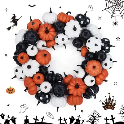 Garvee 18 Inch Halloween Fall Wreath for Front Door, Black Orange White Artificial Pumpkin Wreath for Fall and Halloween Indo...