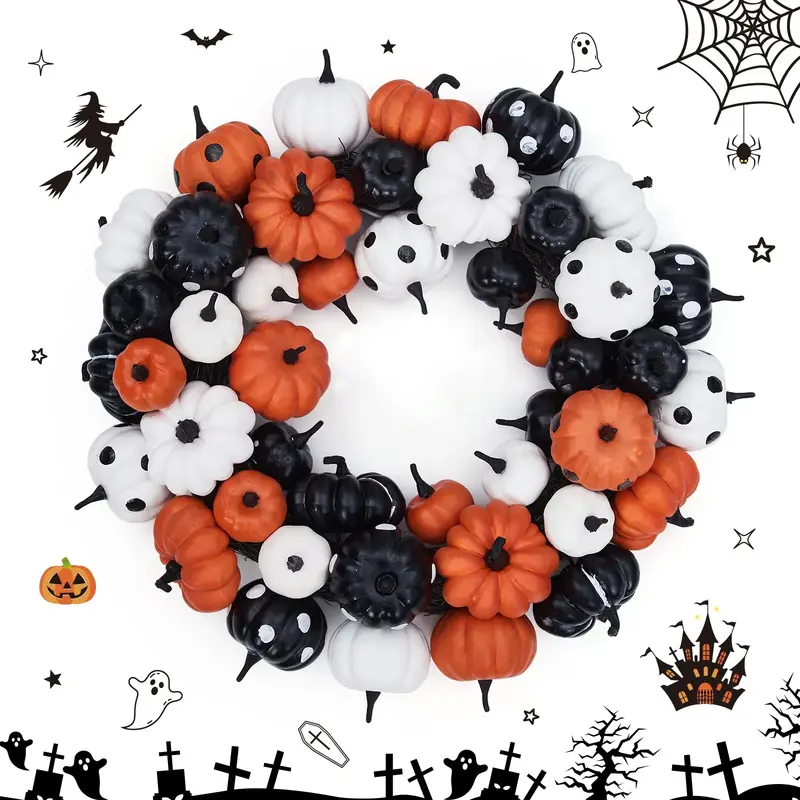 Garvee 18 Inch Halloween Fall Wreath for Front Door, Black Orange White Artificial Pumpkin Wreath for Fall and Halloween Indo...