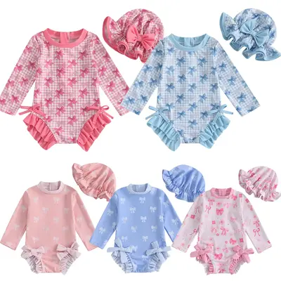 Toddler Infant Baby Girl Swimsuit Long Sleeve Rash Guard Bow Plaid Zipper Bathing Suit Ruffled Beach Wear