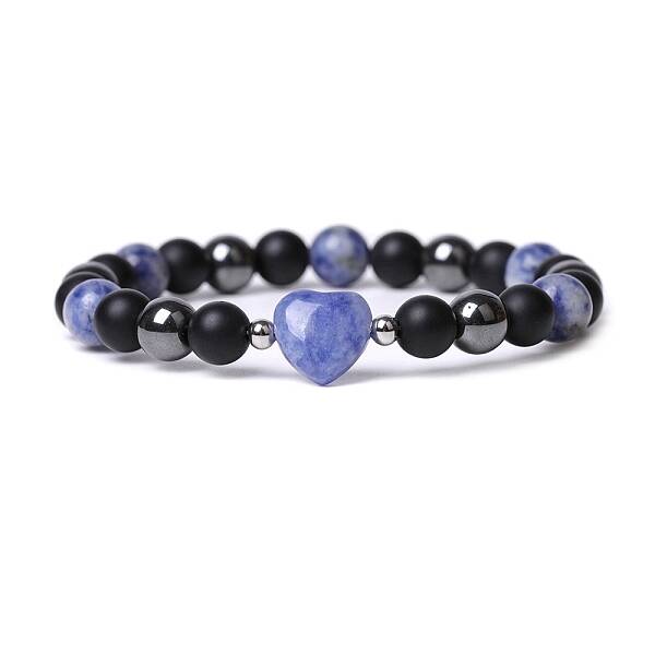 Natural Blue Spot Jasper Heart Beaded Stretch Bracelet