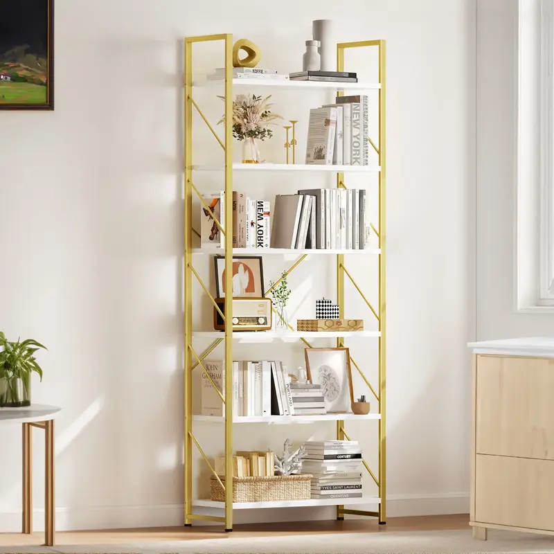 DWVO Tall Bookshelf 6 Tier Bookcase, Modern Gold Book Shelf, Open Display Storage Rack Shelves for Living Room/Home/Office/Ki...