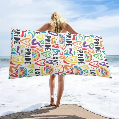 White Colorful Heart Rainbow Pride Month Beach Towel - Aperturee