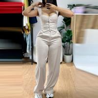 ChicMe Women's 2 Piece Thick Strap Button Front Slim Fit Tank Top High Waist Wide Leg Pants Casual Outfit Set Clothing Suits ...