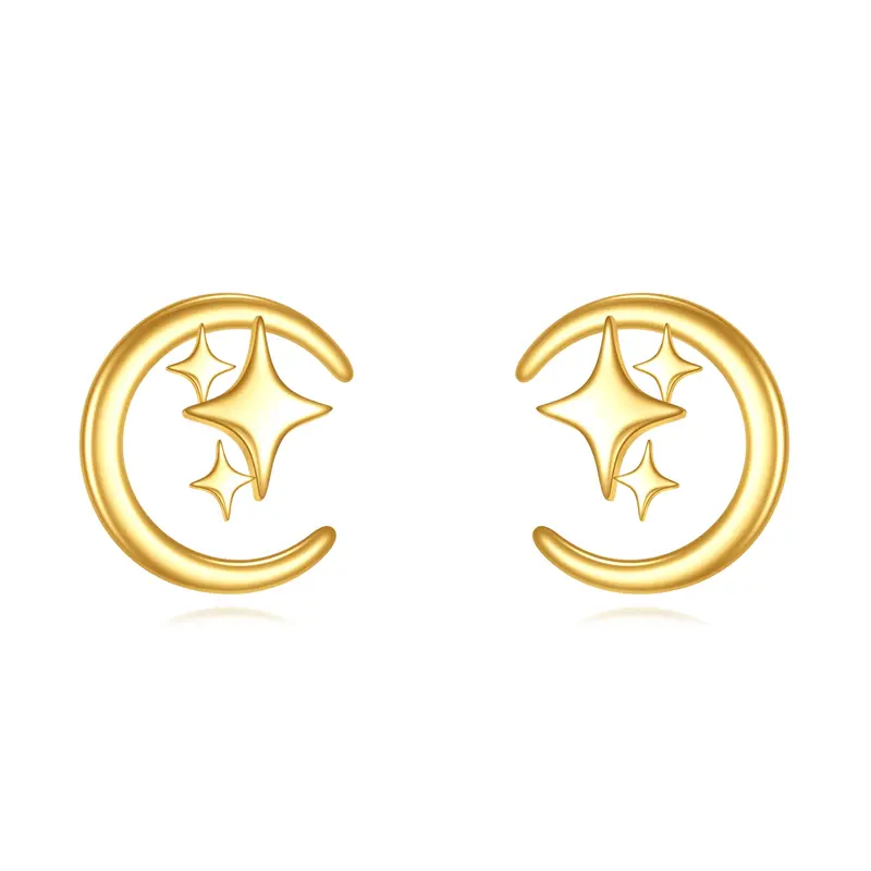 14K Gold Moon & Star Stud Earrings