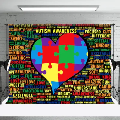 Dense Letters Heart Puzzle Autism Awareness Backdrop - Aperturee