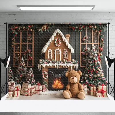 Aperturee Green Gingerbread Bear Fireplace Christmas Backdrop | Xmas Backdrop | Christmas Backgrounds Fireplace | Christmas P...