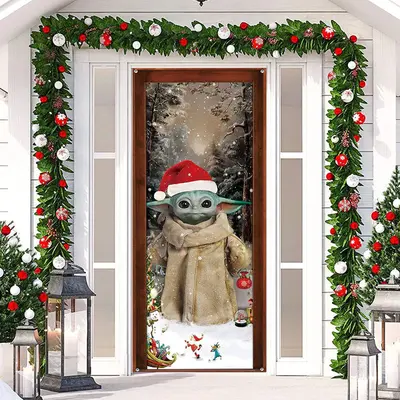 Cute Santa Elf Snowy Merry Christmas Door Cover - Aperturee