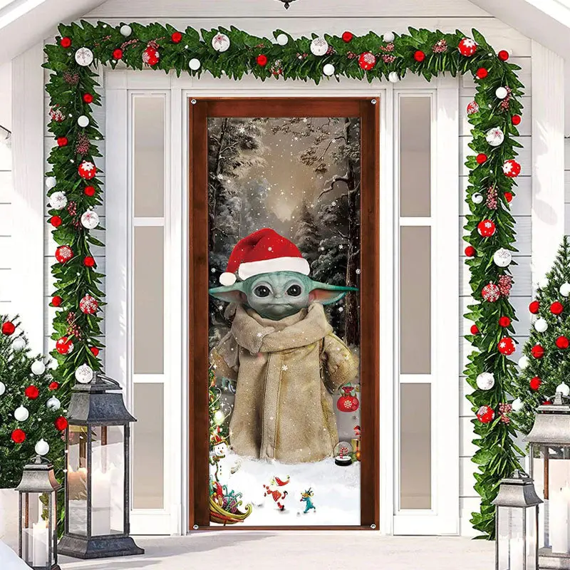 Cute Santa Elf Snowy Merry Christmas Door Cover - Aperturee