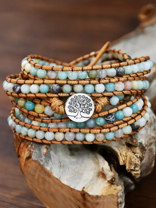 Boho Style Natural Amazonite Beaded Bracelet, Tree Of Life Charm Braided Bracelet for Women & Men, Fashion Jewelry Accessorie...